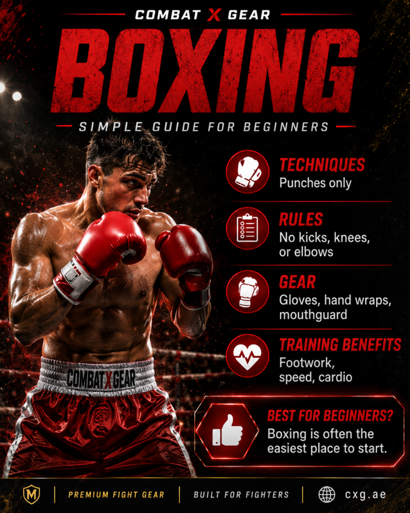 Boxing beginner guide by Combat X Gear showing punches, boxing gloves, hand wraps, mouthguard, footwork, speed, and cardio benefits.