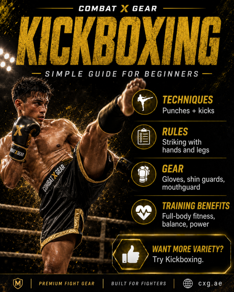 Kickboxing beginner guide by Combat X Gear showing punches, kicks, gloves, shin guards, mouthguard, full-body fitness, balance, and power.