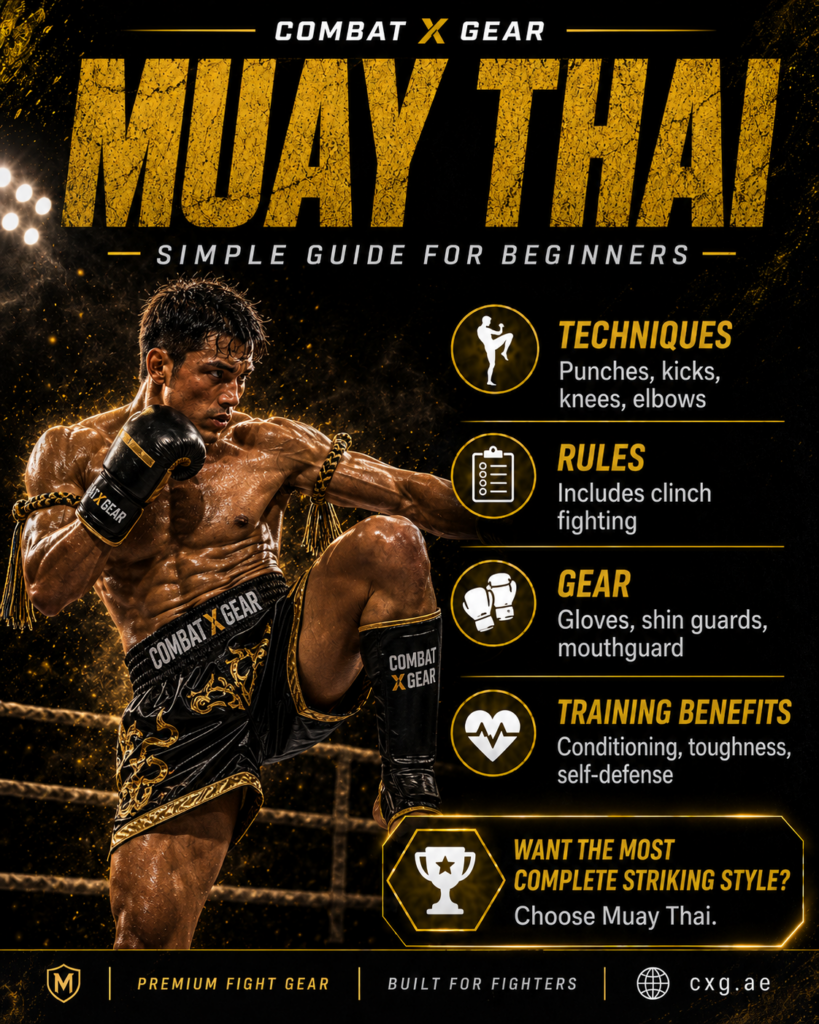 Muay Thai beginner guide by Combat X Gear showing punches, kicks, knees, elbows, clinch fighting, gloves, shin guards, and mouthguard.