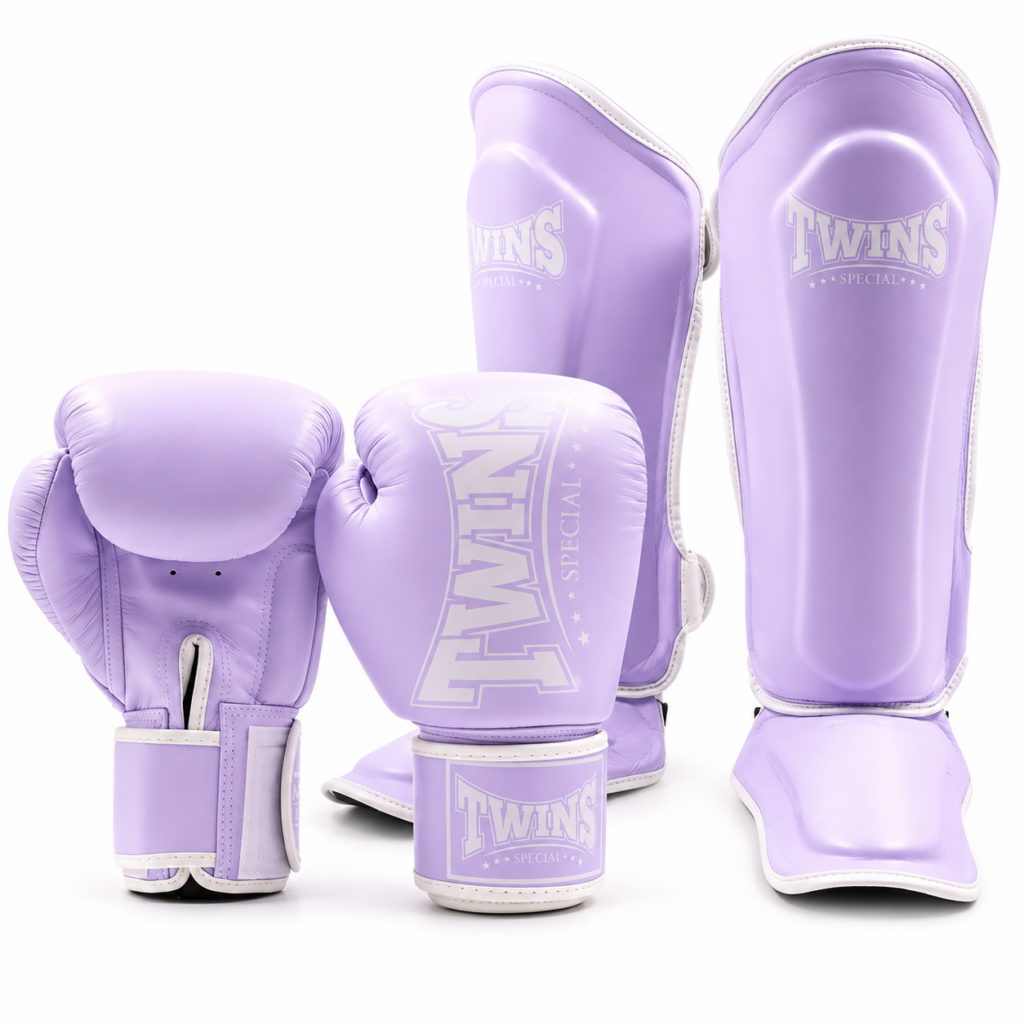 Twins Special lilac boxing gloves and matching shin guards bundle, featuring BGVL4P gloves and SGL10P shin guards.