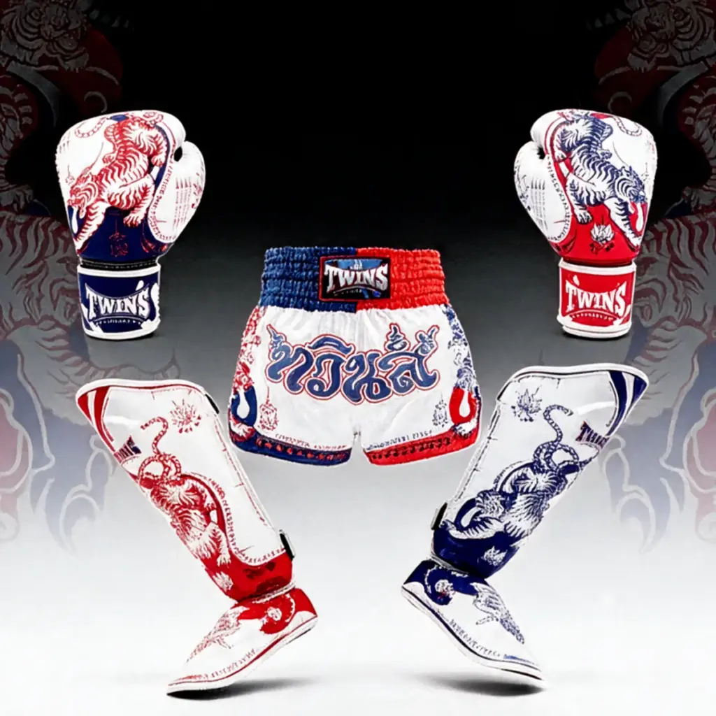 Twins Special Sak Yant Muay Thai bundle with boxing gloves, shin guards and Thai shorts in white, navy and red tiger design
