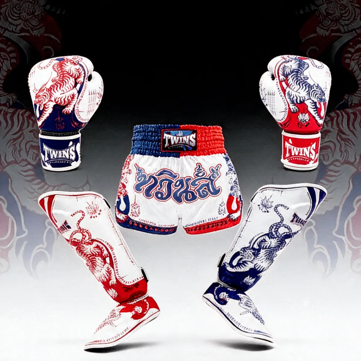 Twins Special Sak Yant Muay Thai Bundle – Gloves, Shin Guards & Shorts